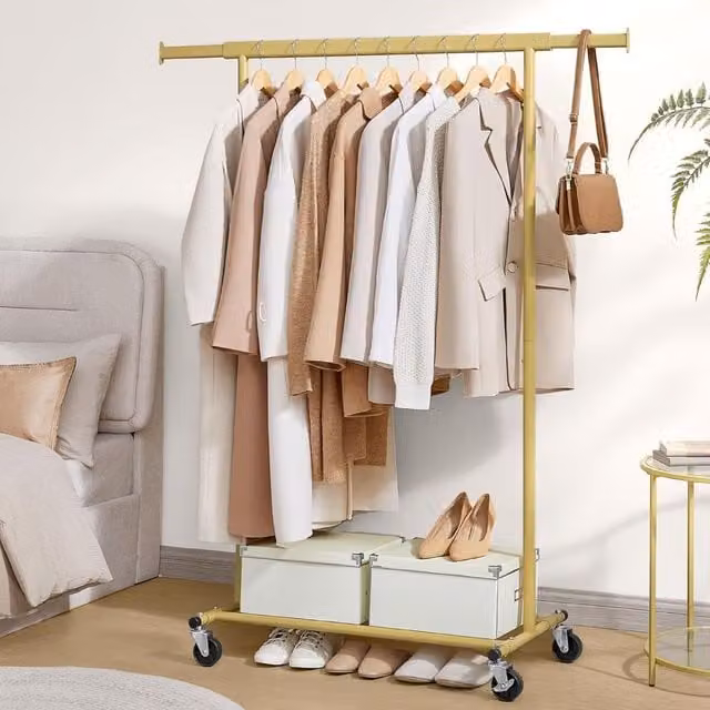 SONGMICS Portable Clothes Rack on Wheels with Extendable Rail in Gold – 1