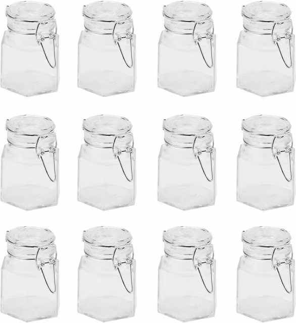 Maison & White Set of 12 Transparent Glass Hexagonal Spice Jars with Clip Lids