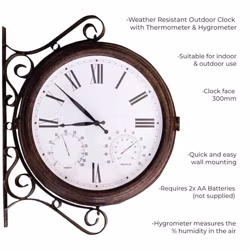 St Helens Home & Garden Double Sided Outdoor Station Clock with Thermometer and Hygrometer, White and Silver, Diameter: 38 cm – 3