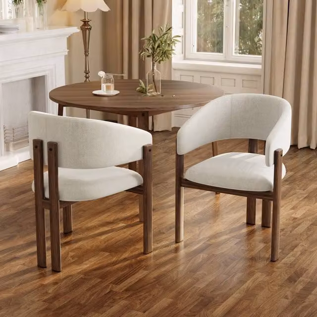 Merax Set of 6 Modern Metal and Fabric Dining Chairs with Walnut Finish in Beige – 1