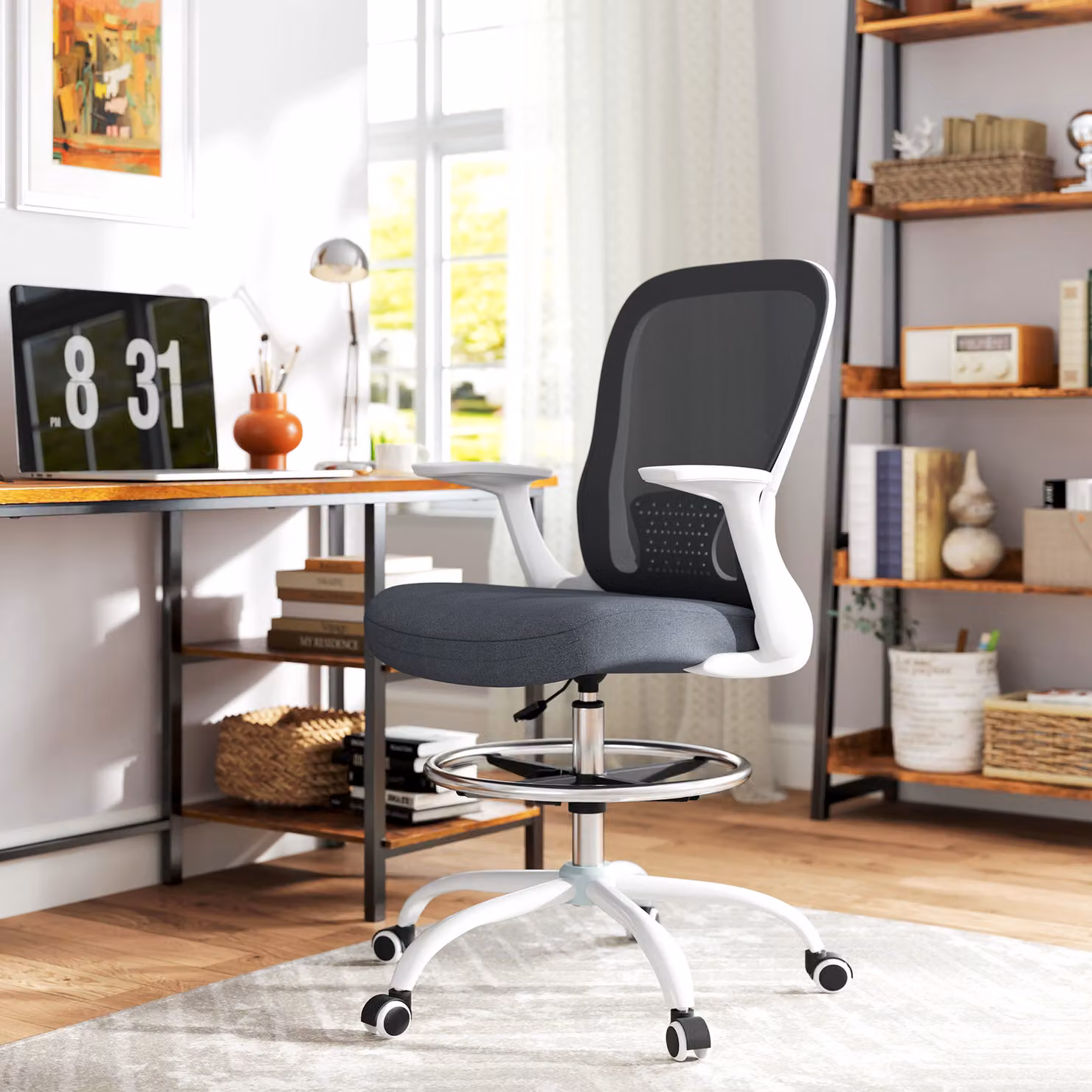 HOMCOM Grey Fabric Ergonomic Drafting Chair with Flip-up Armrests and Adjustable Foot Ring – 2