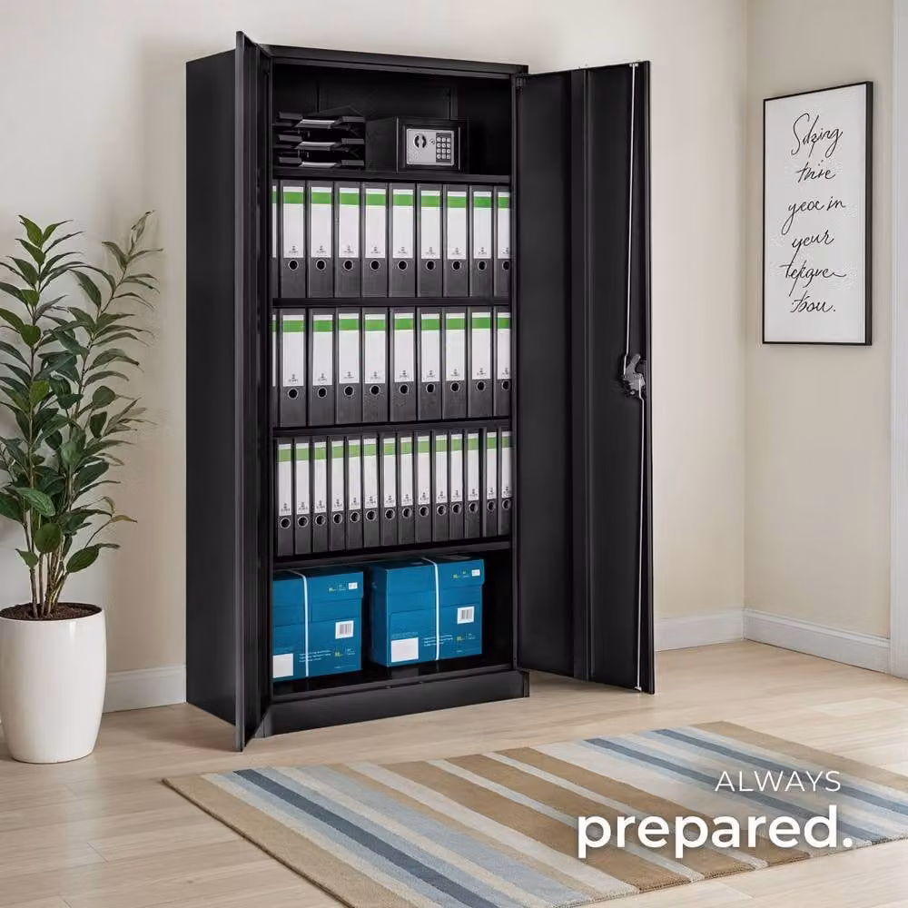 tectake Blain Metal Filing Cabinet in Black with Lockable Hinged Doors and Adjustable Shelves – 8
