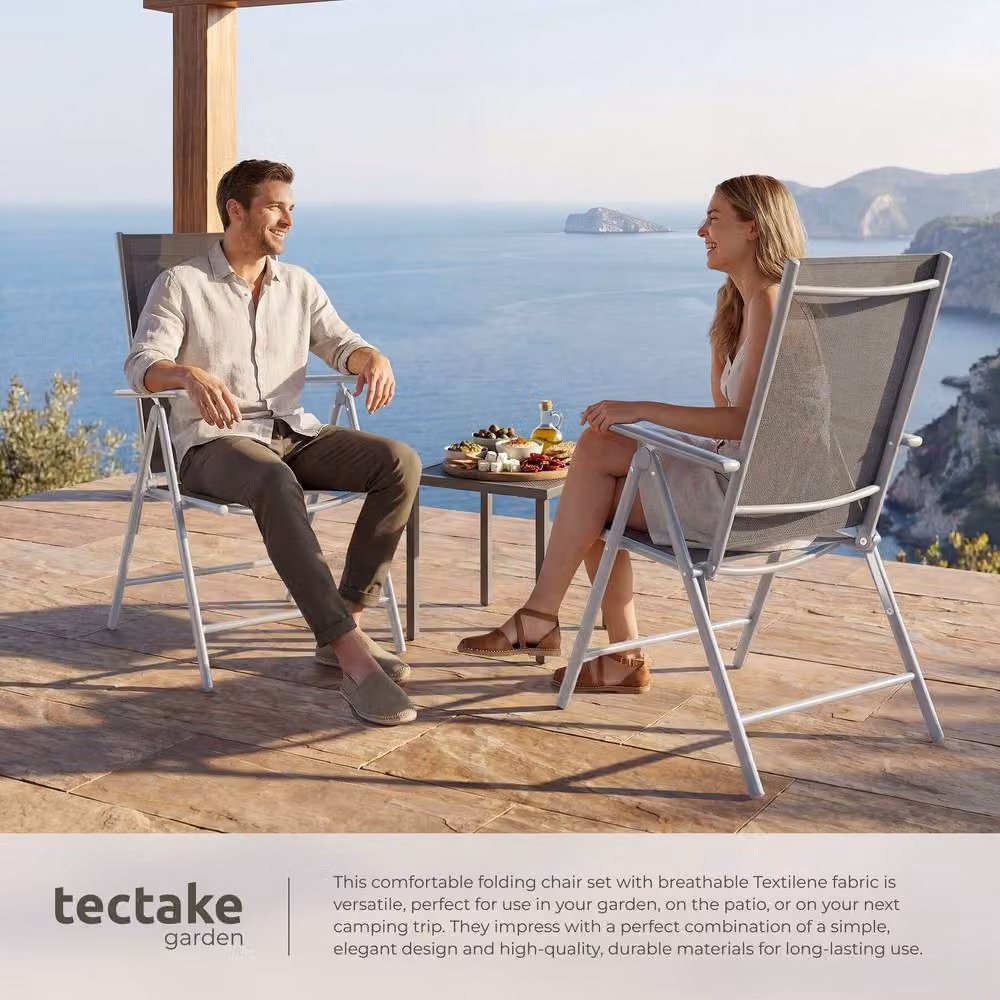 tectake 6-Person Folding Garden Chairs with Adjustable Backrests and Armrests in Silver Mesh Fabric – 3