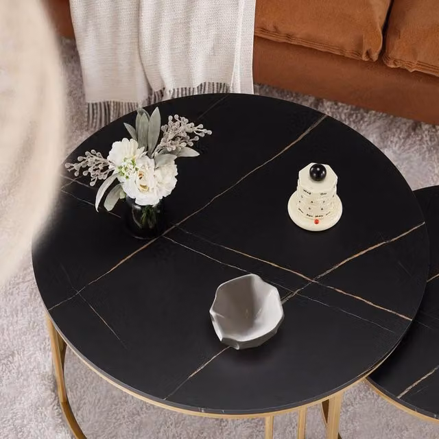 KORVIXA Black Round Nesting Coffee Table Set of 2 with Marble Tops, Diameter: 100 cm