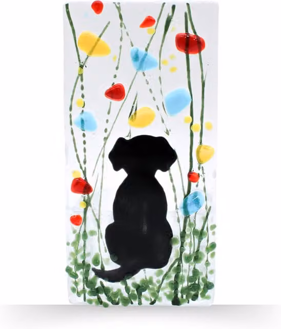 Sienna Glass Handmade Fused Glass Tea Light Holder with Dog and Wildflower Design in Multicolour