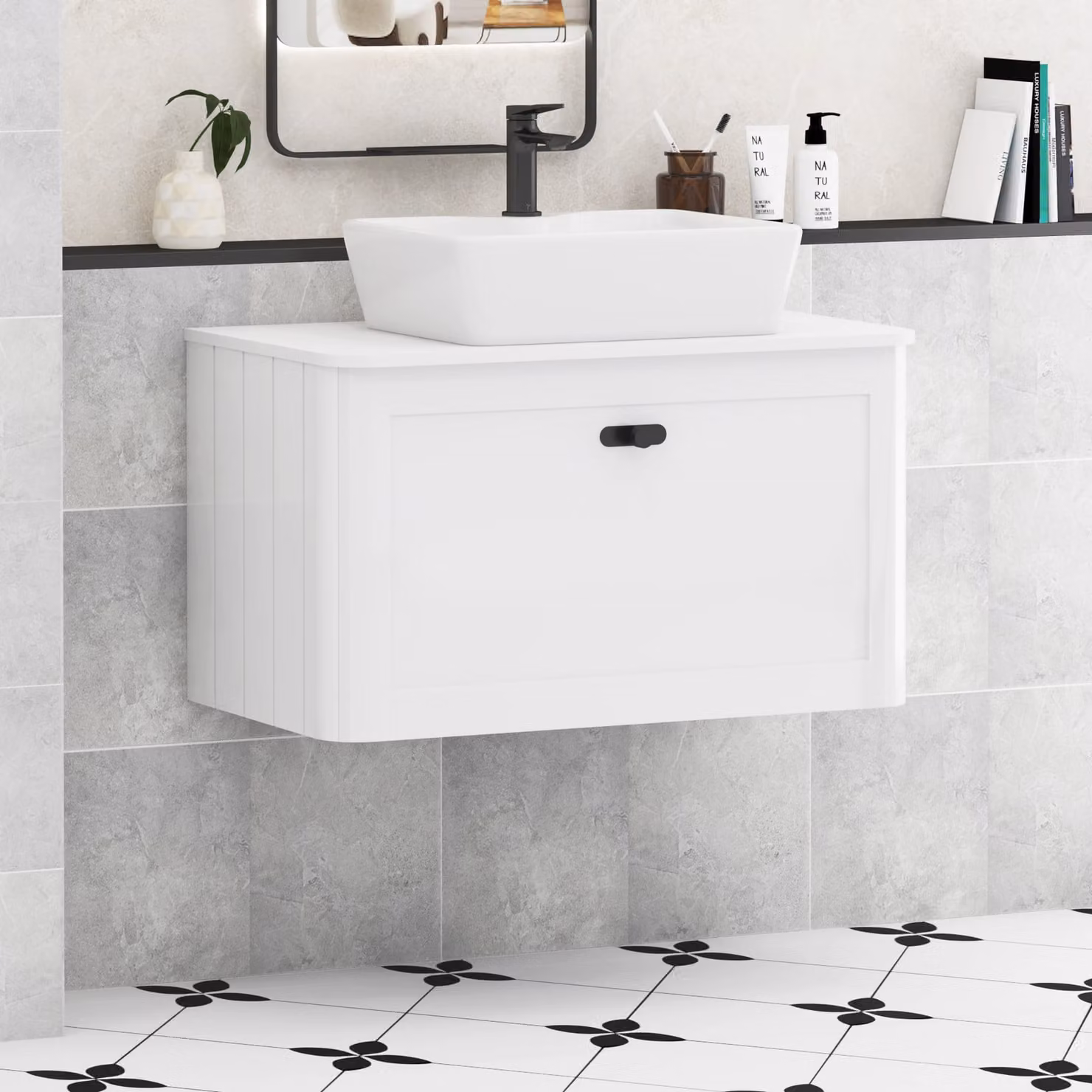 Royal Bathrooms Henley 800mm Gloss White Wall Hung Vanity Unit with 1 Drawer, Plain White Worktop and Matt Black Knob