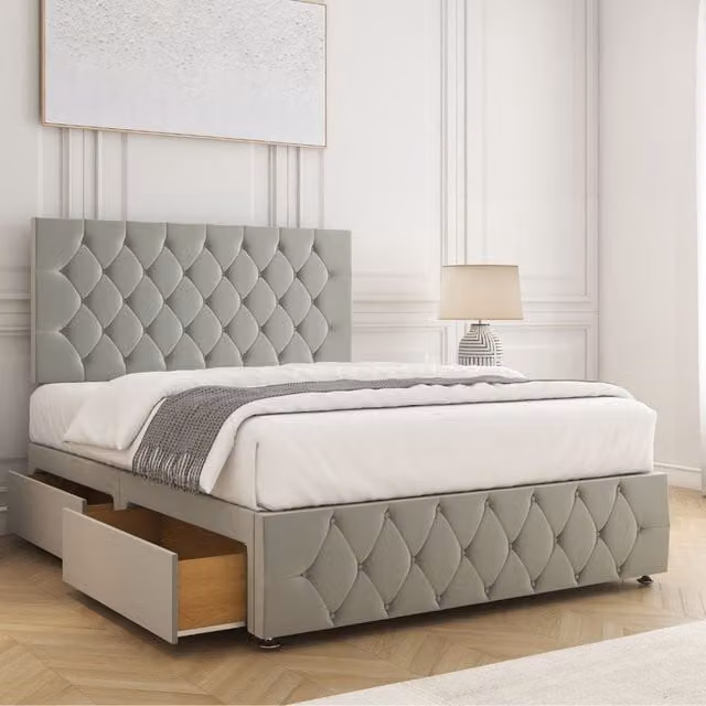 BSSPOKE Mulberry Velvet Small Double Divan Bed with 24 inch Headboard, Footboard, 4 Drawers and Mattress in Silver, W/D/H: 120 x 200 x 30.48 cm
