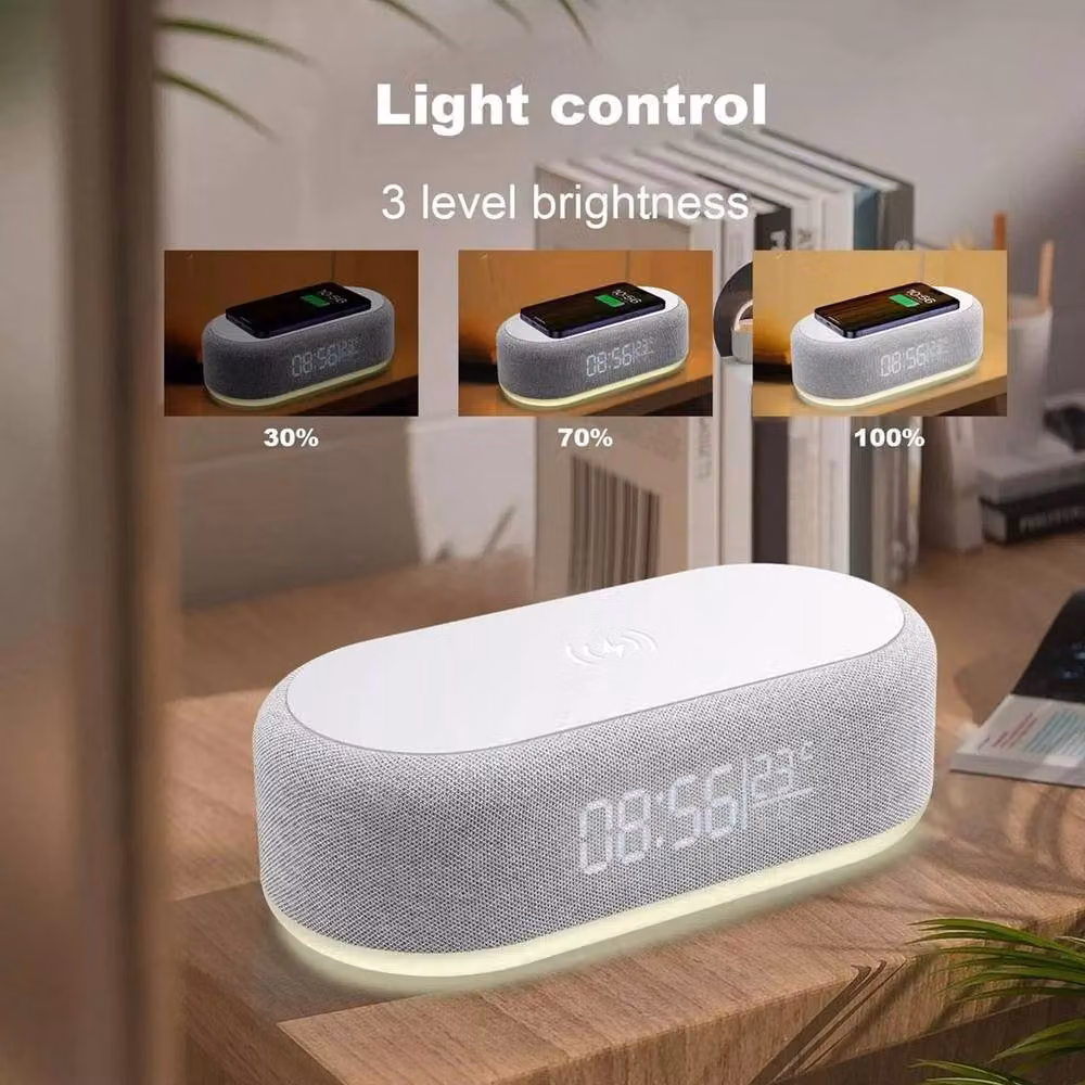 FLAVORA 4-in-1 Wireless Charger Lamp Speaker Clock in Grey with Dimmable RGB Night Light – 6