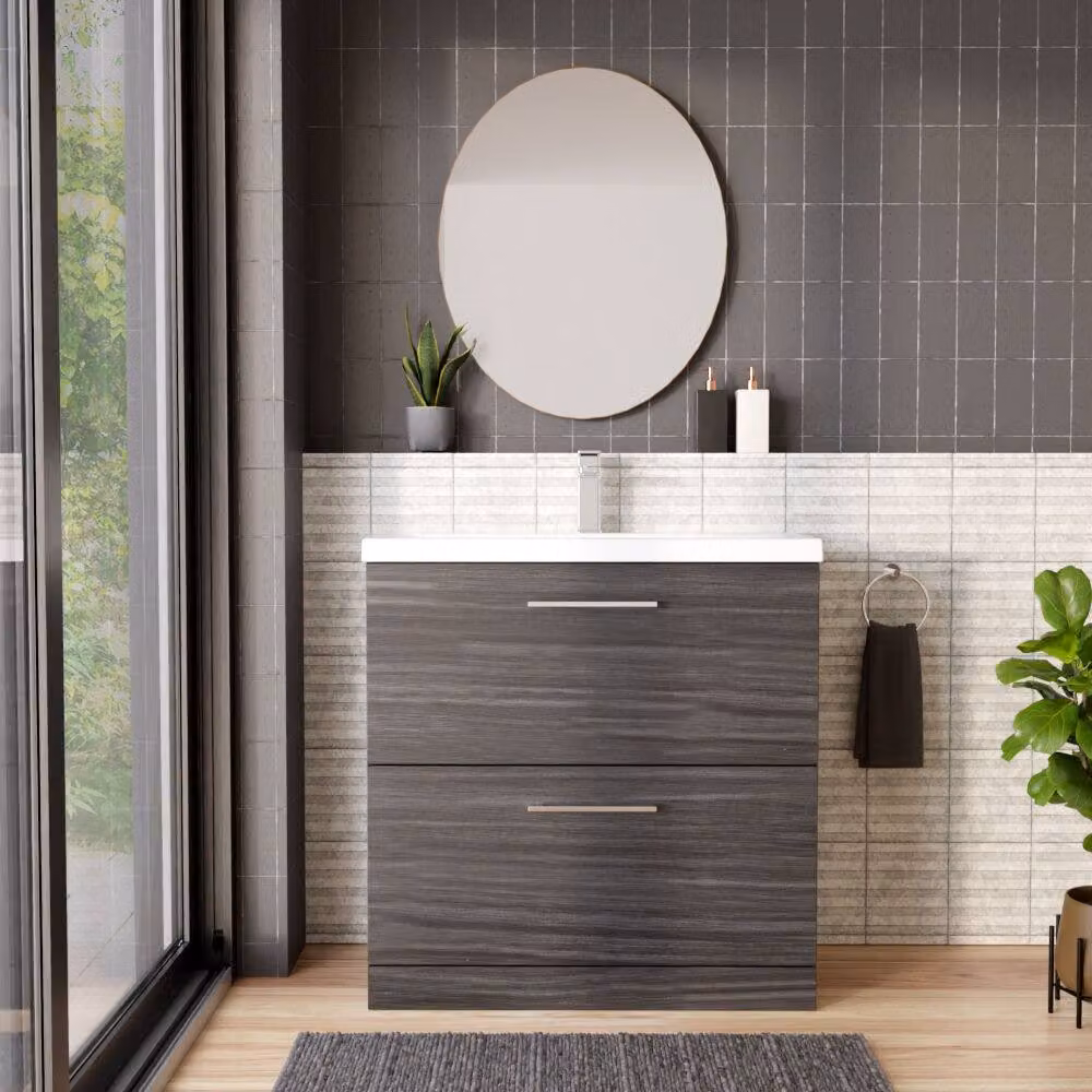 Balterley Contemporary Bathroom Floor Standing 2 Soft-Close Drawer Vanity Unit with Mid-Edge Ceramic Basin, Anthracite Grey, Width: 80 cm – 2