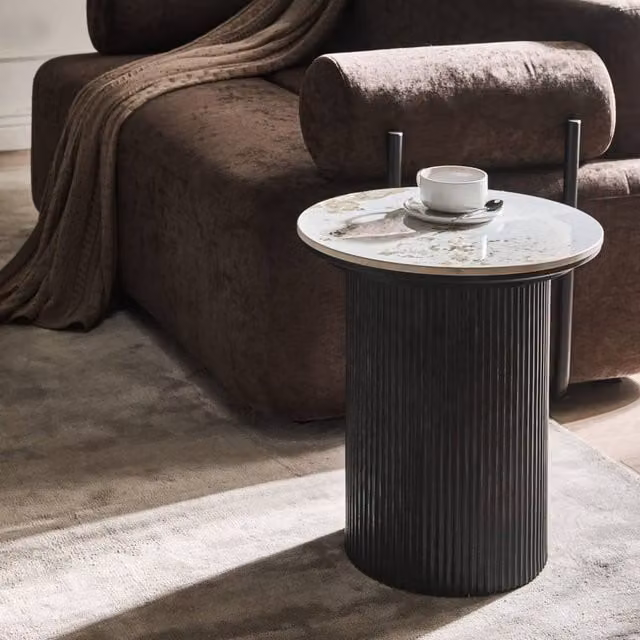 Wyld and Coco Round Side Table with White Marble Pattern Ceramic Top and Black Ribbed Base, Diameter: 45 cm