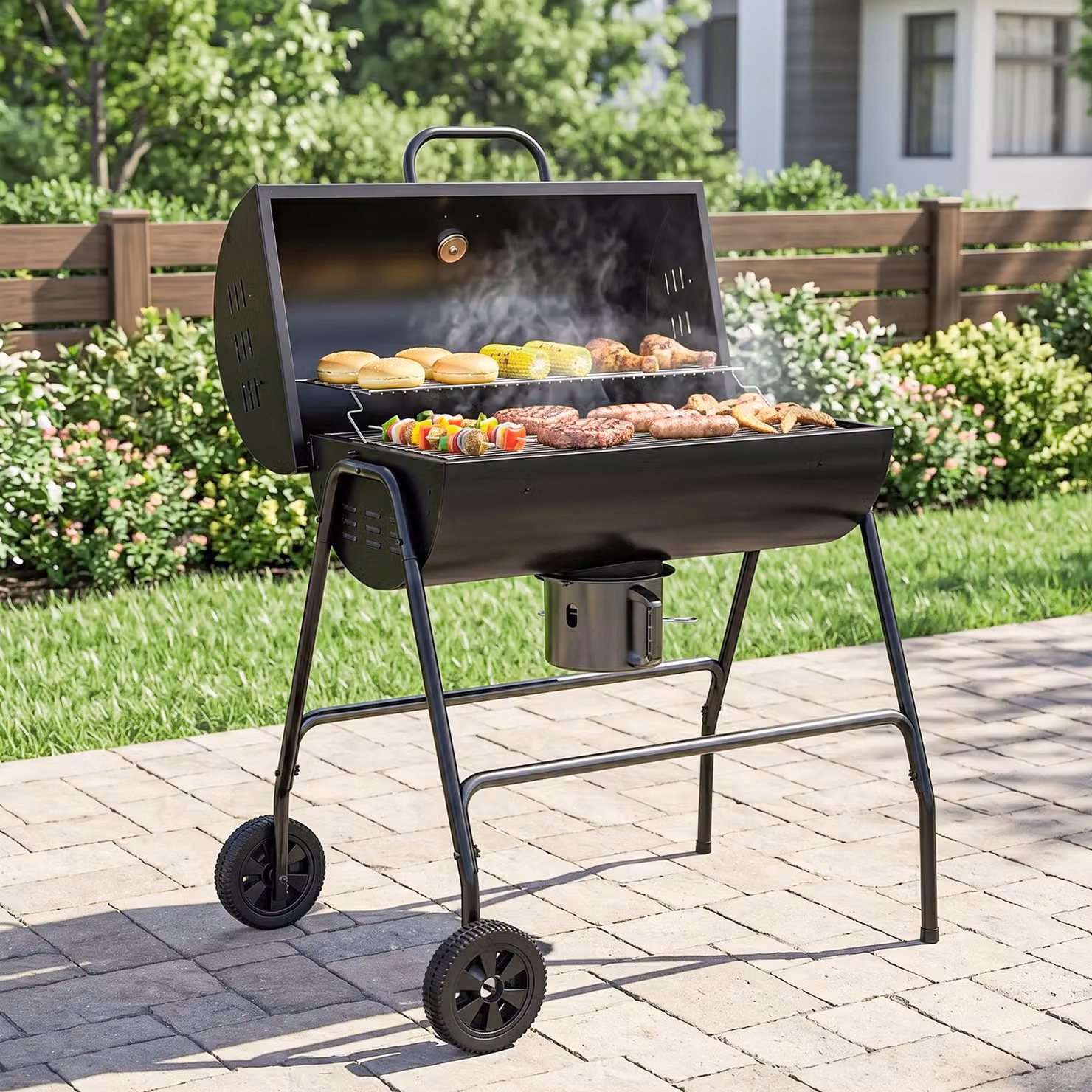 Outsunny Black Steel Barrel Charcoal Barbecue Grill Trolley with Warming Rack, Thermometer and Wheels, W/D/H: 95 x 50 x 102 cm – 8