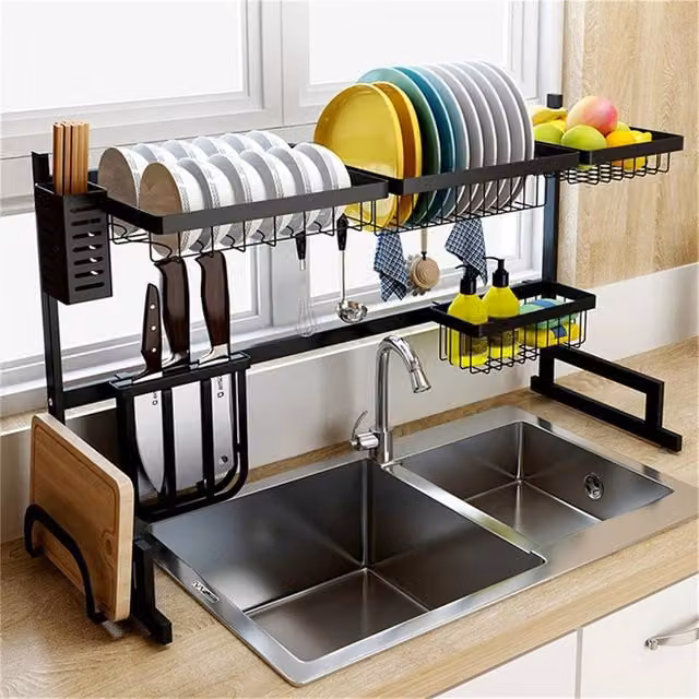 Kelvenix Expandable Over Sink Dish Drainer Drying Rack in Black Coated Steel