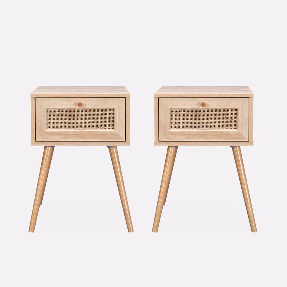 sweeek Pair of Woven Rattan Bedside Tables with Drawer in Light Brown – 2
