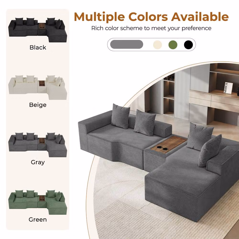 Dprodo Grey Corduroy Right L-Shaped Modular Sofa with Cup Holder Table and Scatter Cushions, 320 cm – 7