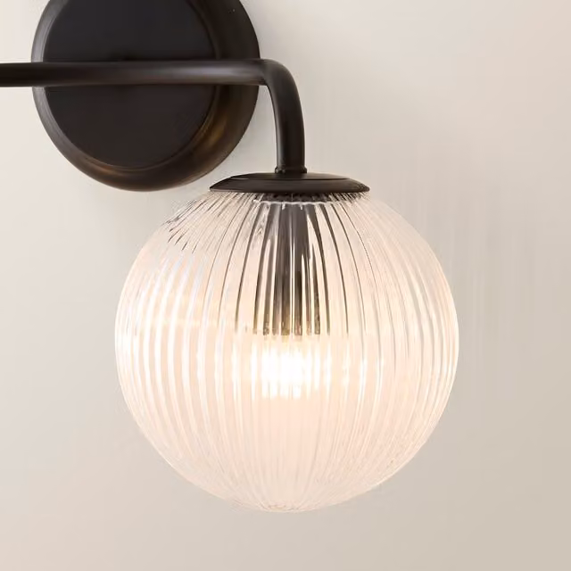 ValueLights Kempton 2 Arm Wall Light with Transparent Ribbed Glass Globe Shade in Black