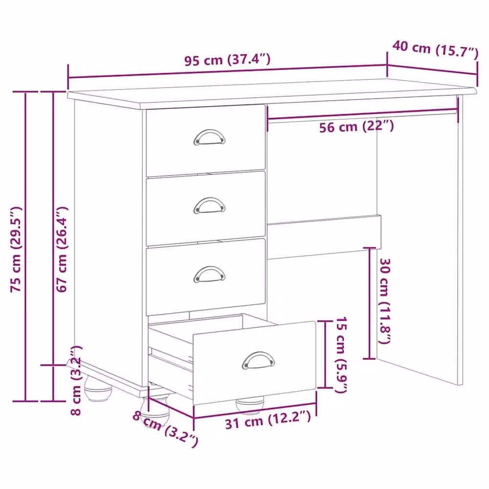 Berkfield Home ASKIM Writing Desk with Drawers, Brown Solid Pine Wood, W/D/H: 95 x 40 x 75 cm – 5