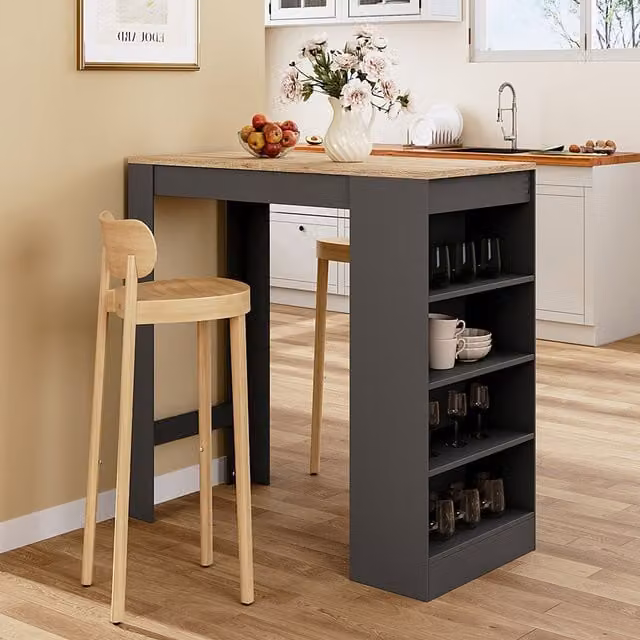 Komore Modern Rectangular Bar Table with Serving Tiers in Brown and Grey Wood