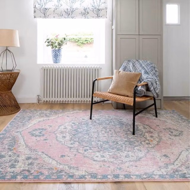 The Rug House Traditional Medallion Carved Oriental Rug in Pink and Blue, W: 230 cm, D: 160 cm