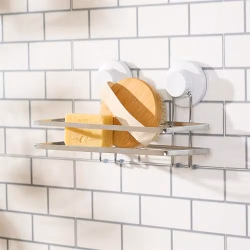 OHS Rustproof Metal Suction Shower Caddy and Bathroom Storage Shelf in Silver