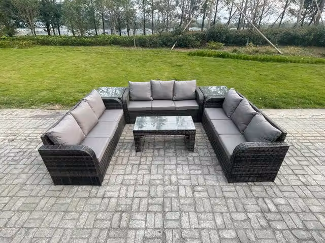 Fimous 9 Seater Rattan Garden Furniture Set with 3 Seater Sofa, Coffee Table and Side Tables in Dark Grey Mixed