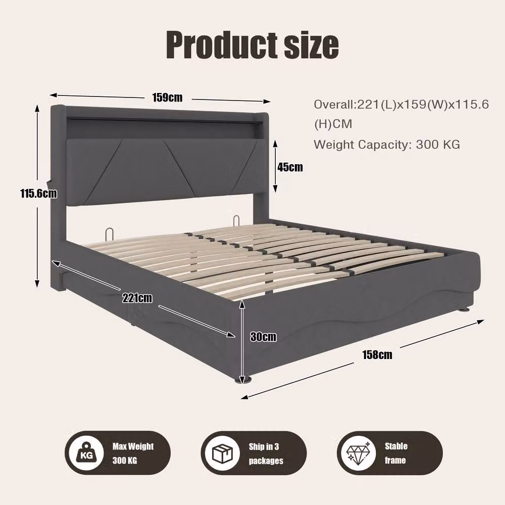 BTM King LED Hydraulic Storage Bed with Shelves and USB Charging Ports in Dark Grey, 150 x 200 cm – 2
