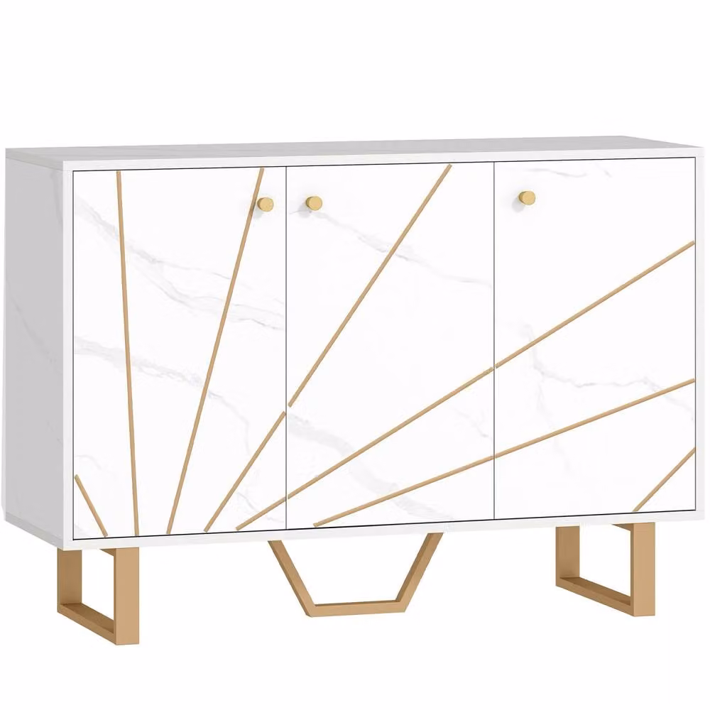 Wyld Haus Vekeba Coso Sideboard with 3 Doors, White Marble Tone and Gold Legs, W: 107 cm – 2