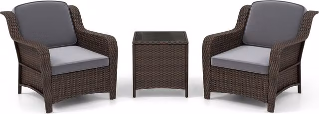 COSTWAY 3 Piece Grey Polyrattan Sectional Patio Bistro Set with Glass Table