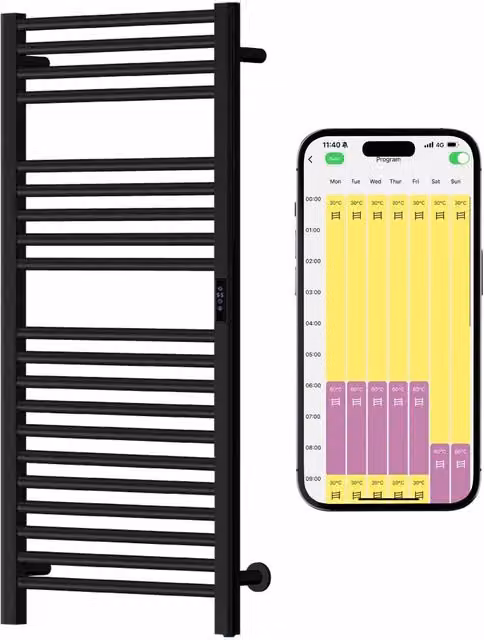 Sulby Wifi Stainless Steel Dry Electric Heated Towel Rail, Black, W: 50 cm, H: 150 cm