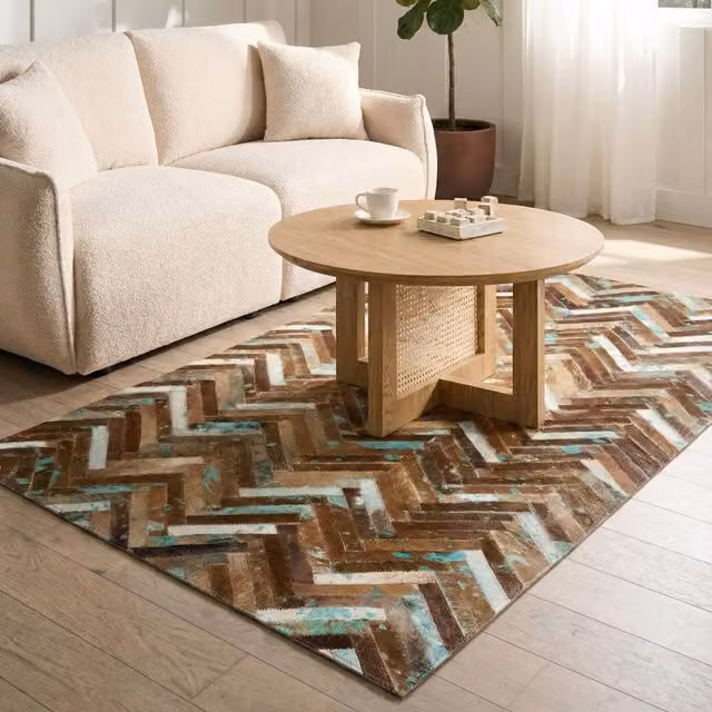 Wyld and Coco Multicolour Cowhide Mosaic Leather Rug in Brown and Turquoise, W: 80 cm, L: 150 cm