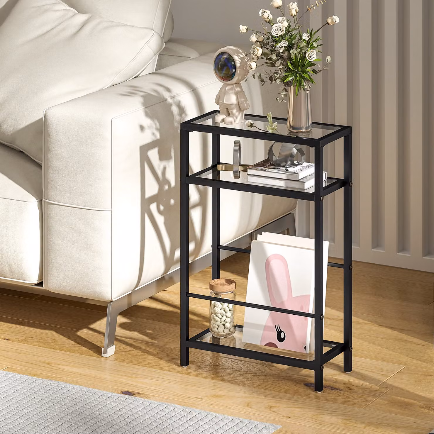HOMCOM 3-Tier Black Side Table with Tempered Glass Tabletop and Storage Shelf – 2