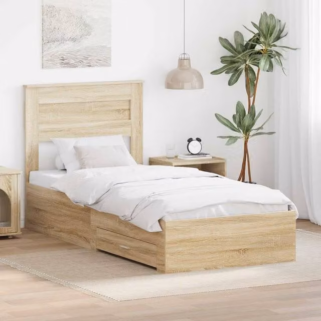 Berkfield Home Sonoma Oak and Silver Bed Frame in Brown, Engineered Wood, W: 75 cm, L: 190 cm