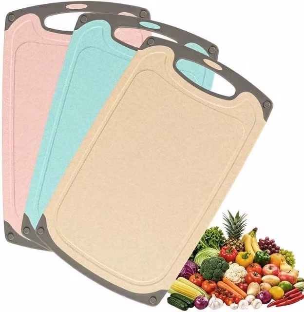 KORVIXA 3-Piece Plastic Rectangular Kitchen Cutting Board Set in Pink, Green and Blue with Non-Slip Feet and Grooves