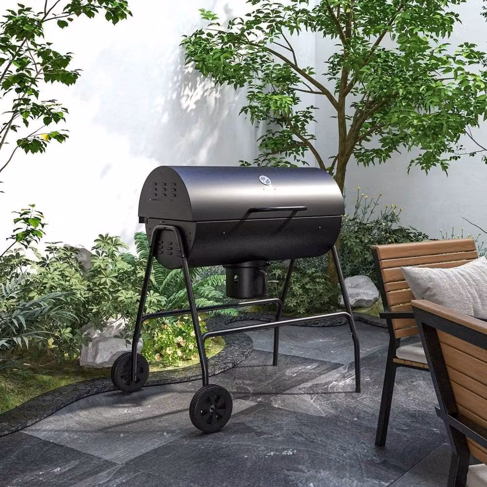 VOGREX Black Steel Barrel Charcoal Barbecue BBQ Grill Trolley with Thermometer, Warming Rack and Wheels – 4