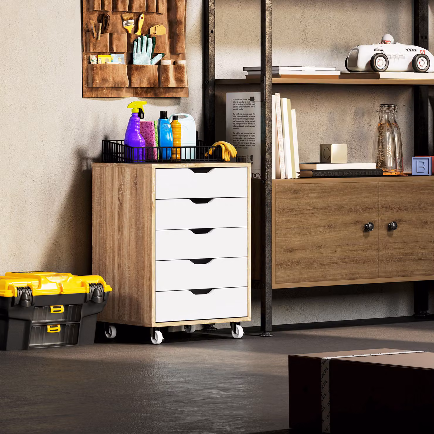 Vinsetto Five-Drawer Filing Cabinet with Wheels in Oak Brown – 5