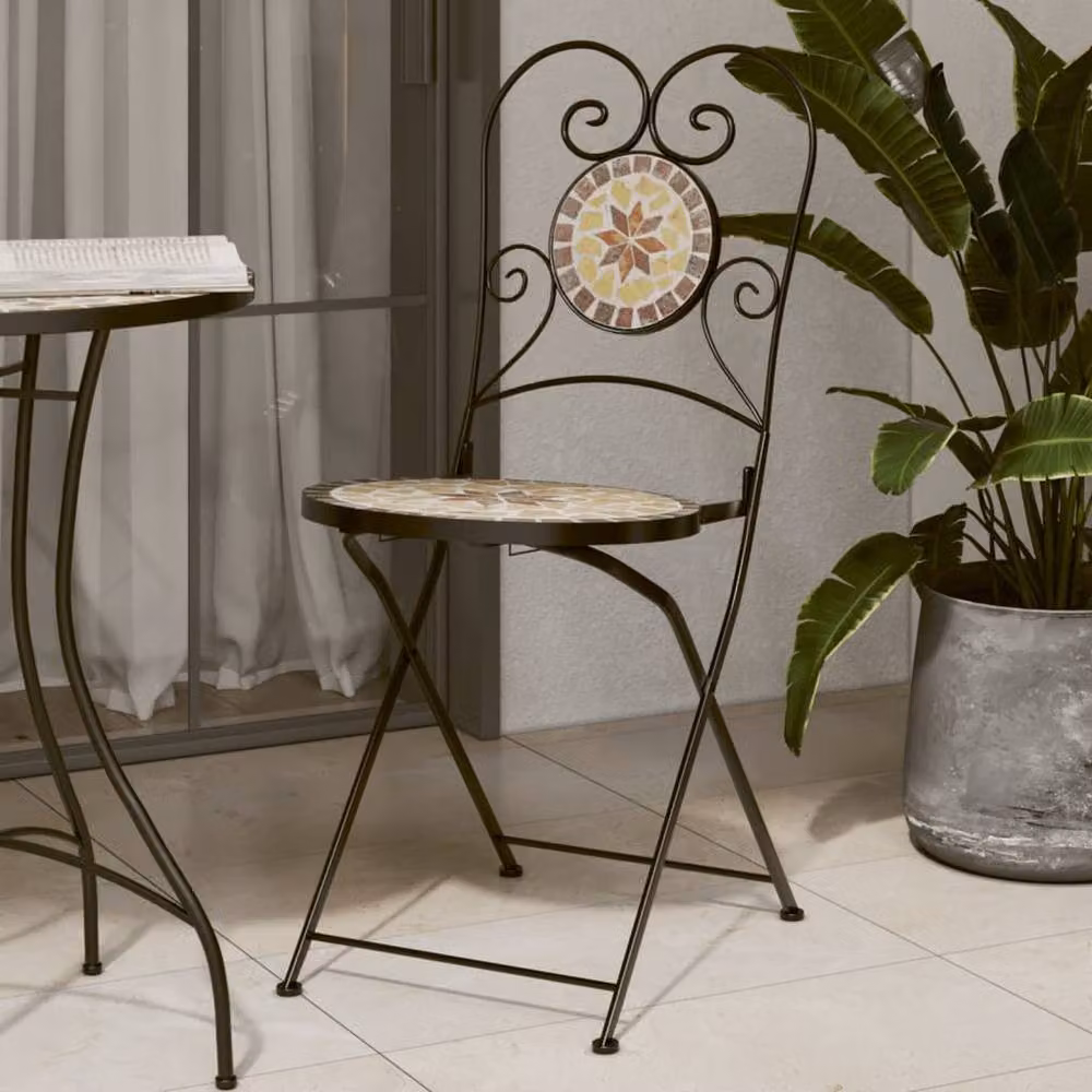 Berkfield Home Set of 2 Foldable Bistro Chairs in Terracotta and White Ceramic and Metal with Geometric Design – 2