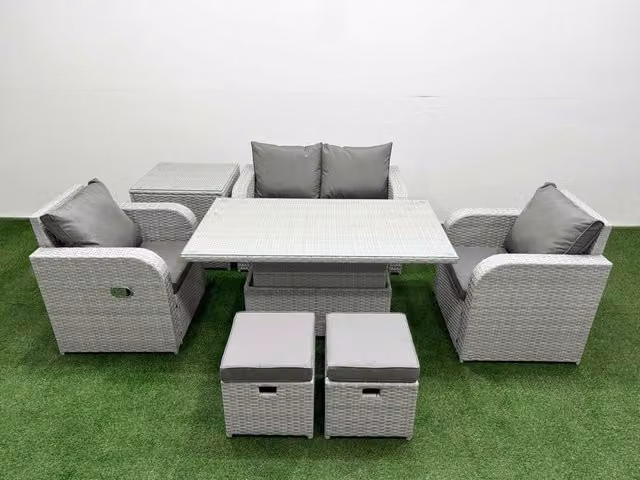 Fimous 6 Seater Light Grey PE Wicker Rattan Garden Furniture Set with Reclining Chairs, Adjustable Table and 2 Small Stools
