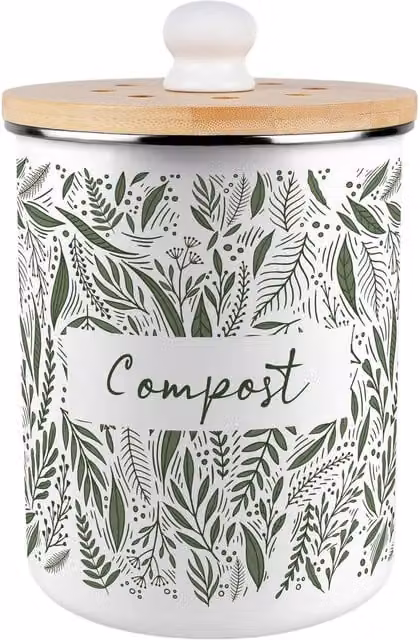 Purely Home Pretty Green Leaves Metal Compost Caddy with Flip Lid, 2L, Green