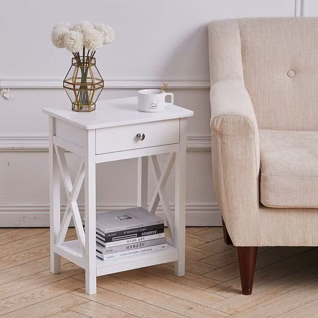 Livingandhome White Wooden Drawer Bedside Table