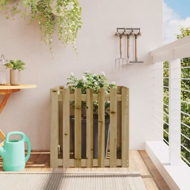 Berkfield Home Garden Planter with Fence Design in Brown Pine Wood, W/D/H: 70 x 70 x 70 cm