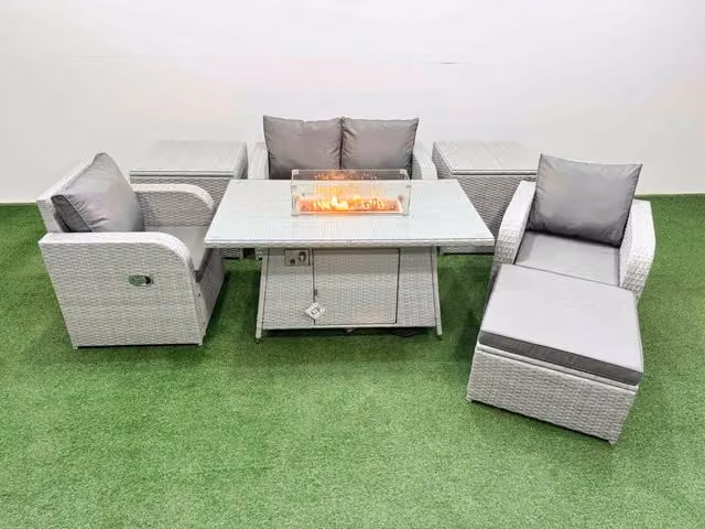 Fimous 5 Seater Light Grey PE Wicker Rattan Garden Furniture Set with Reclining Chair, Firepit Dining Table, Footstool and 2 Side Tables