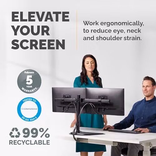 Fellowes Seasa Dual Monitor Arm Black Freestanding Mount for 27 inch Screens up to 8kg VESA 75x75/100x100 – 2