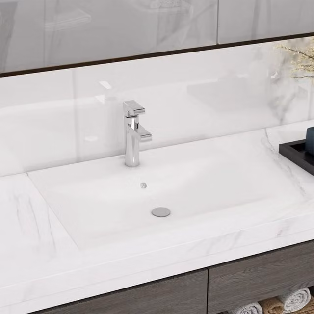 Berkfield Home Matt White Ceramic Rectangular Wall Hung Basin with Faucet Hole W: 60 cm, D: 46 cm, H: 16 cm