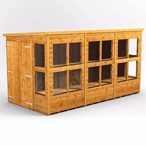 POWER Premium Pent Wooden Greenhouse Shed in Brown with Double Doors and Tempered Glass Windows