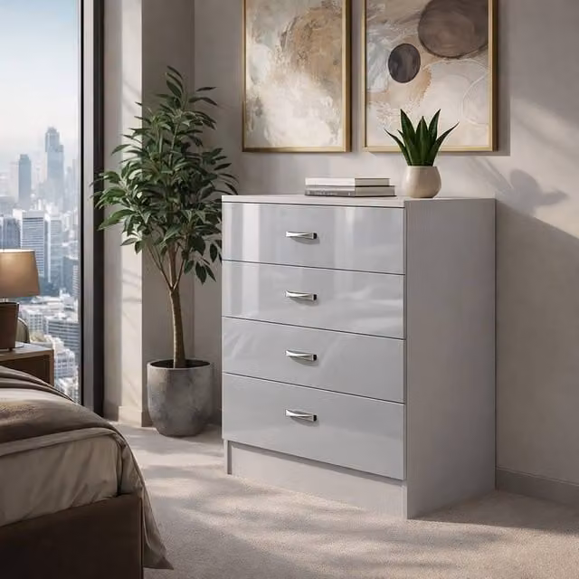 Harmin 4 Drawer Chest in High Gloss Grey on Matt Grey, H 68.5 cm x W 60 cm x D 40 cm