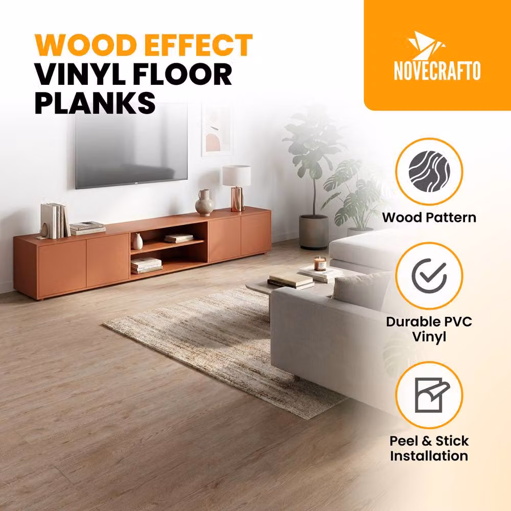 Novecrafto Self Adhesive Wood Look Vinyl Floor Planks, Pack of 10, Light Oak Brown and Beige, W: 91.4 cm, H: 15.2 cm – 2