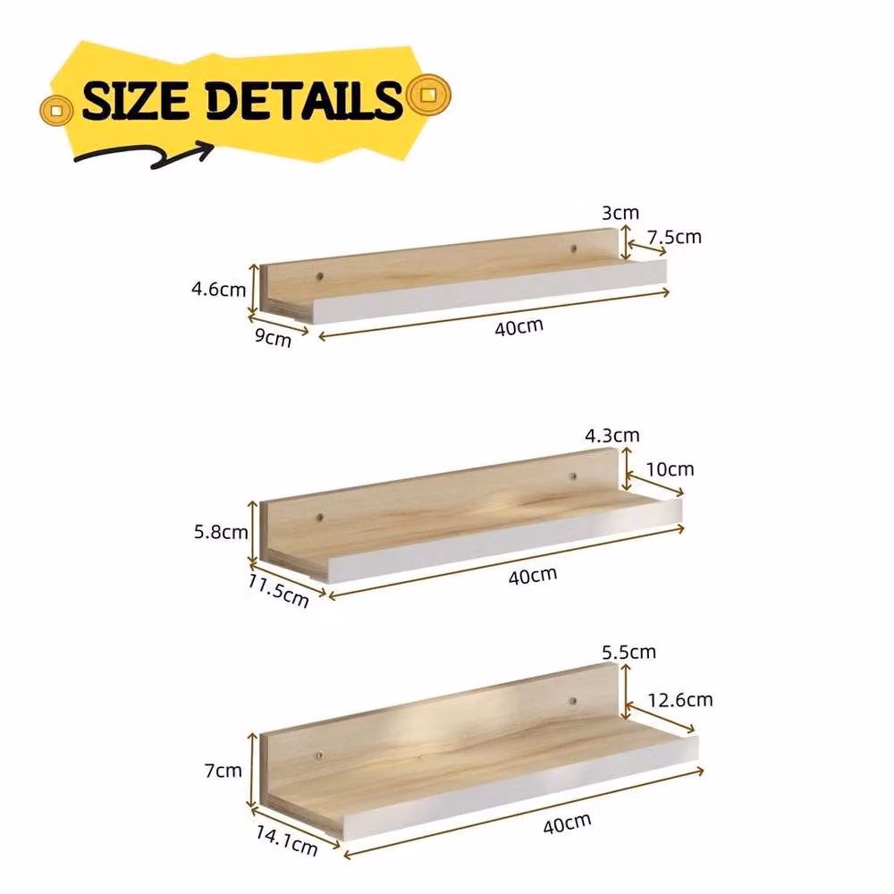 KORVIXA 3-Piece Oak Wall Mounted Floating Shelves in Light Oak Brown – 2