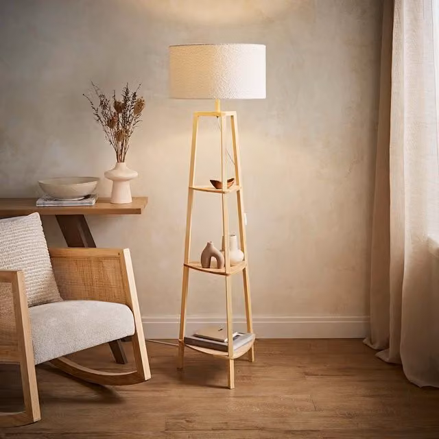 Hiru 3 Tier Wooden Floor Lamp with Beige Fabric Cylinder Shade