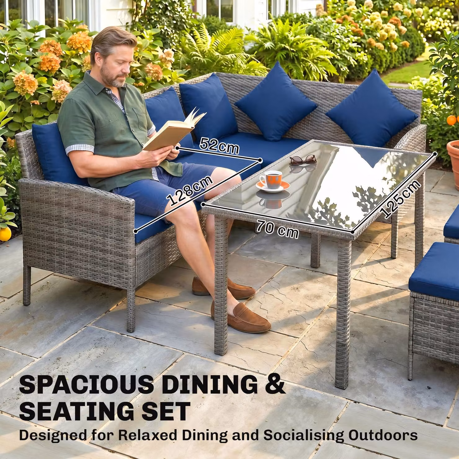 Outsunny 5 Piece Rattan Garden Furniture Set with Dining Table and Dark Blue Cushions – 4