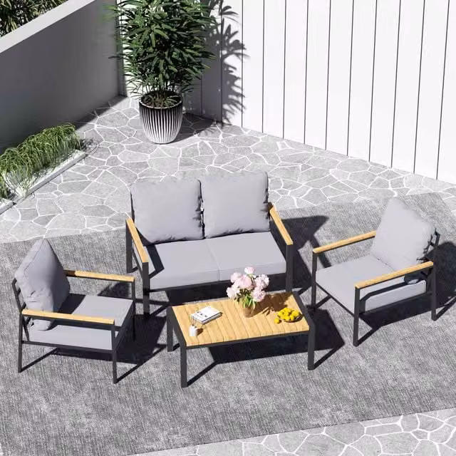 BIRCHTREE 4-Seater Modern Wood Garden Furniture Set with Coffee Table in Grey