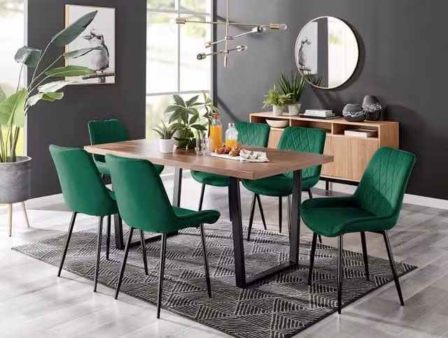 FurnitureboxUK Kylo Brown Wood Effect Dining Table and 6 Green Pesaro Velvet Chairs with Black Legs